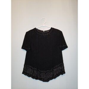 Cristall Collection Women L Special Occasion Blouse Beads 100% Silk Short Sleeve